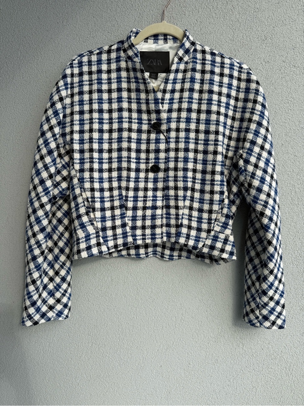Zara White and Navy Checked Cropped Blazer